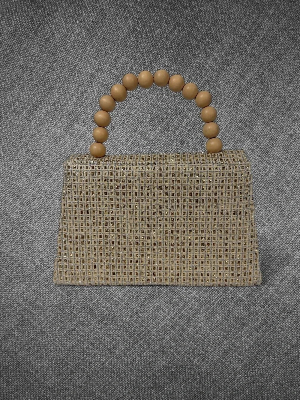 Metallic Gold Woven Envelope Handbag With Wooden Bead Handle And Chain Strap